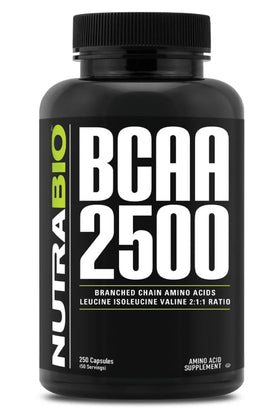 NutraBio BCAA 2500 vue avant du flacon avec 250 capsules