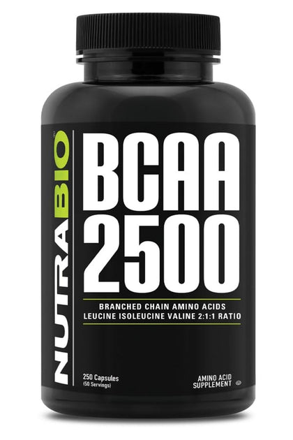 NutraBio BCAA 2500 vue avant du flacon avec 250 capsules