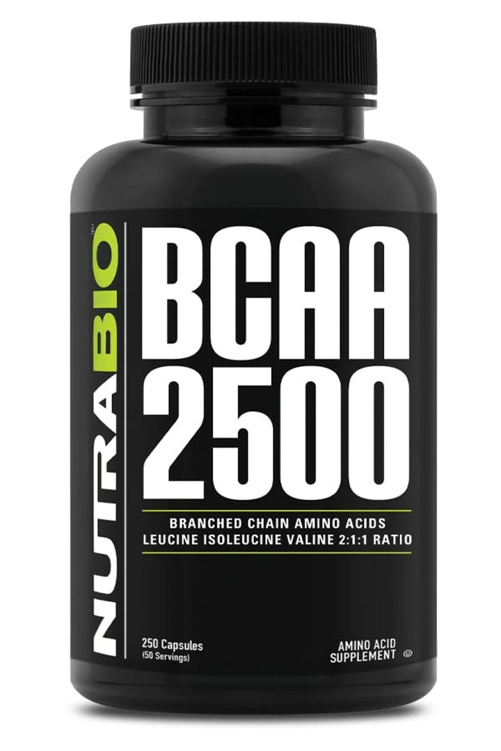 NutraBio BCAA 2500 vue avant du flacon avec 250 capsules