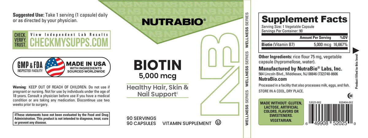 NutraBio Biotine 5000 mcg capsules avec étiquette visible