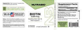 NutraBio Biotine 5000 mcg capsules avec étiquette visible