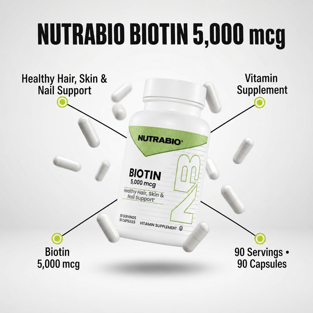NutraBio Biotine 5000 mcg capsules sur une table en bois