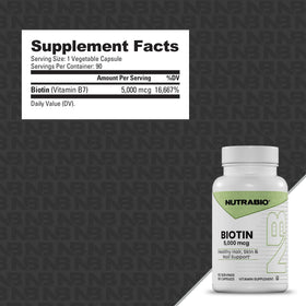 NutraBio Biotine 5000 mcg packaging contenant 90 capsules