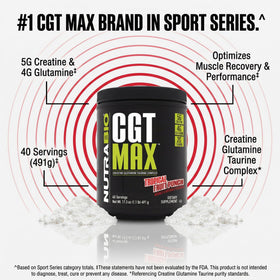 NutraBio CGT-MAX Poudre 549g avec des fruits tropicaux en arrière-plan
