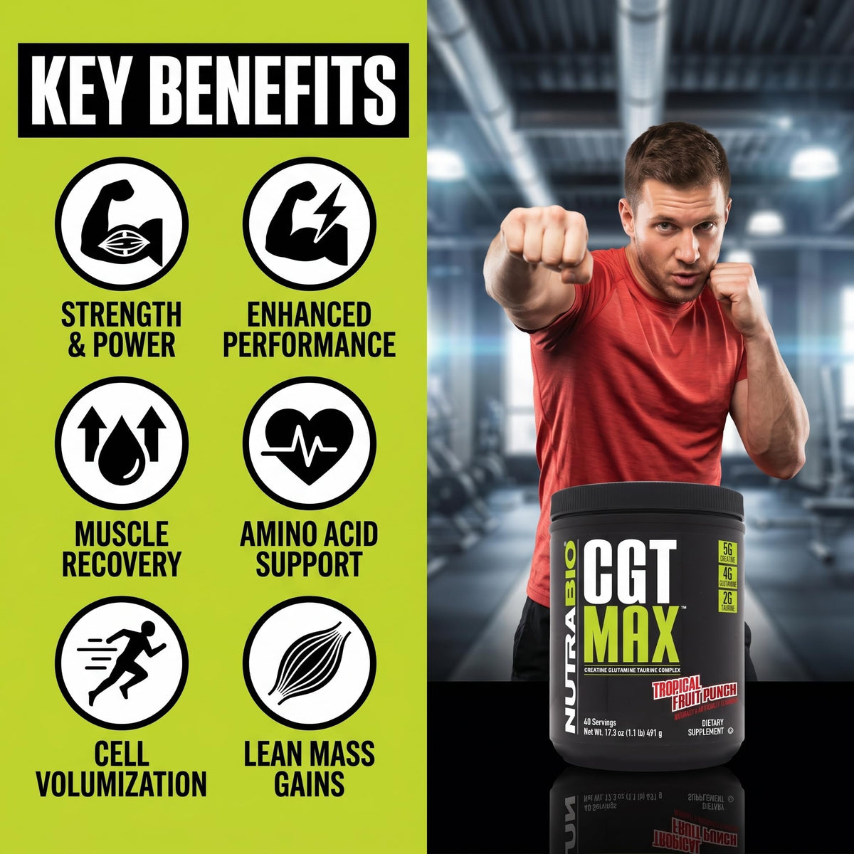 NutraBio CGT-MAX Poudre 549g avec shaker et eau