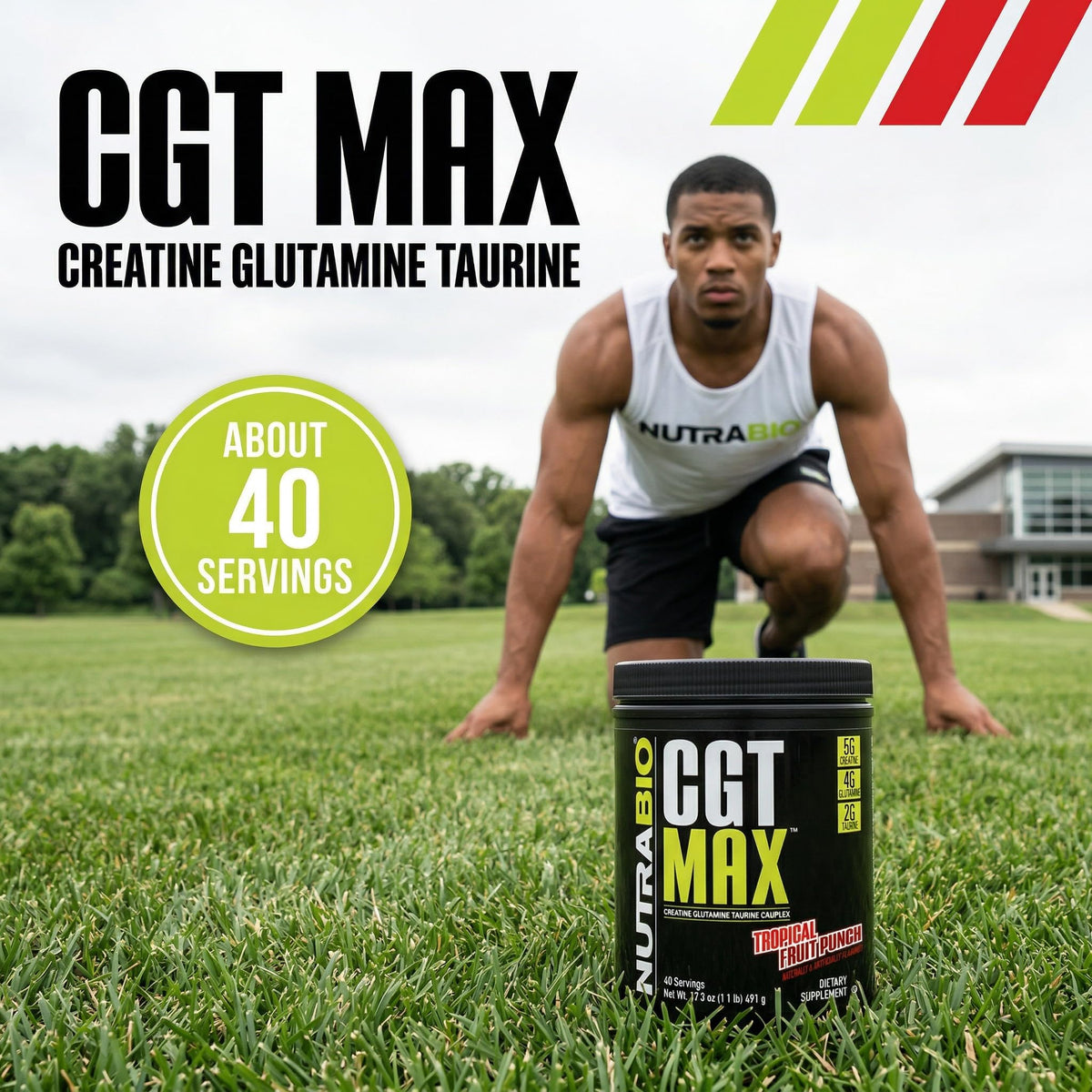 NutraBio CGT-MAX Poudre 549g en portion dans un verre avec une cuillère