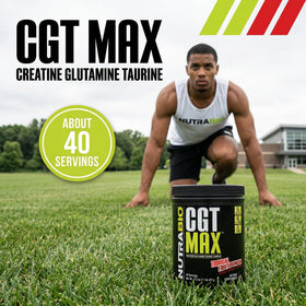 NutraBio CGT-MAX Poudre 549g en portion dans un verre avec une cuillère