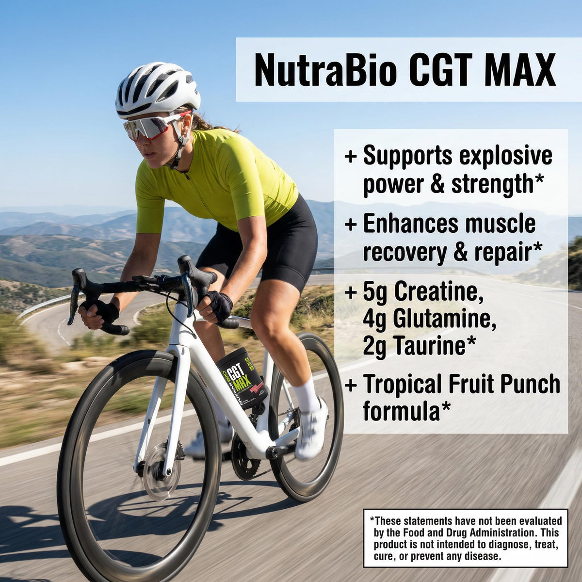 NutraBio CGT-MAX Poudre 549g sur une table avec des équipements de sport