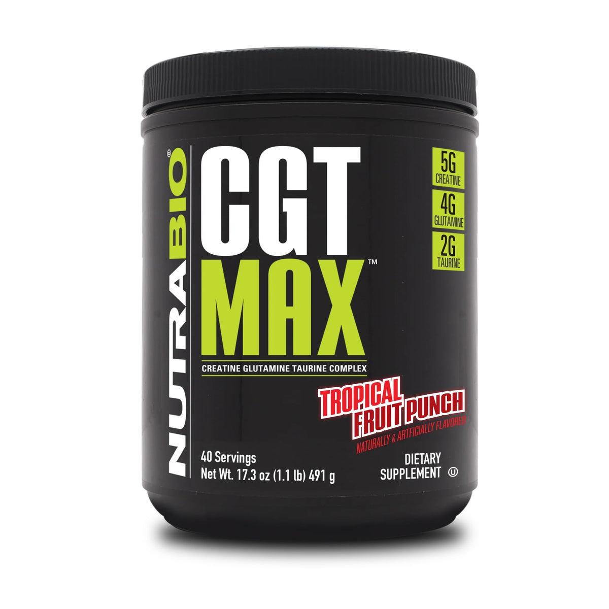 NutraBio CGT-MAX Poudre 549g vue avant avec étiquette tropical fruit punch