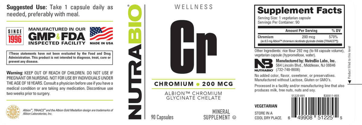 NutraBio Chrome Chélaté 200 mcg étiquette du produit
