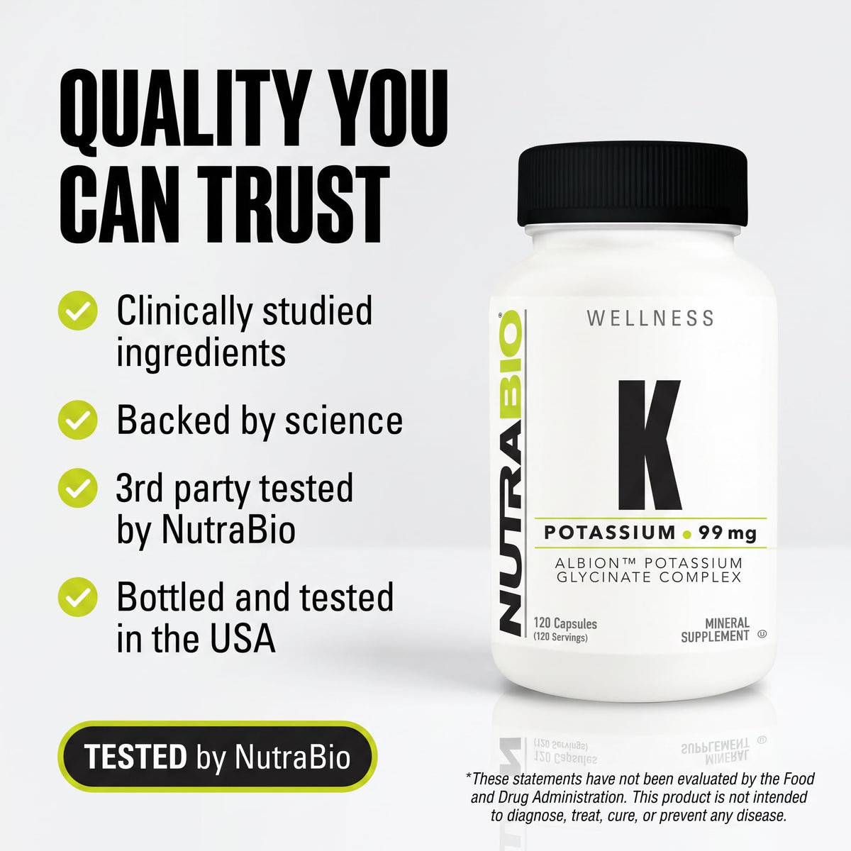 NutraBio Complexe de Potassium sur une table avec d'autres compléments