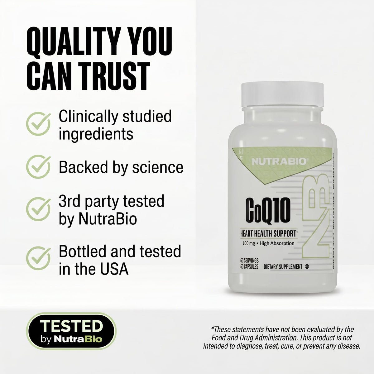 NutraBio CoQ10 100mg sur une table en bois