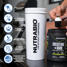 NutraBio Créatine + HMB avec des fruits et une bouteille d'eau