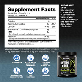 NutraBio Créatine + HMB avec des haltères en arrière-plan