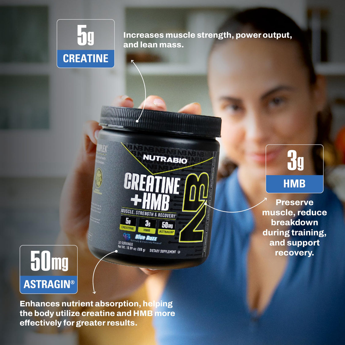 NutraBio Créatine + HMB en poudre sur une table