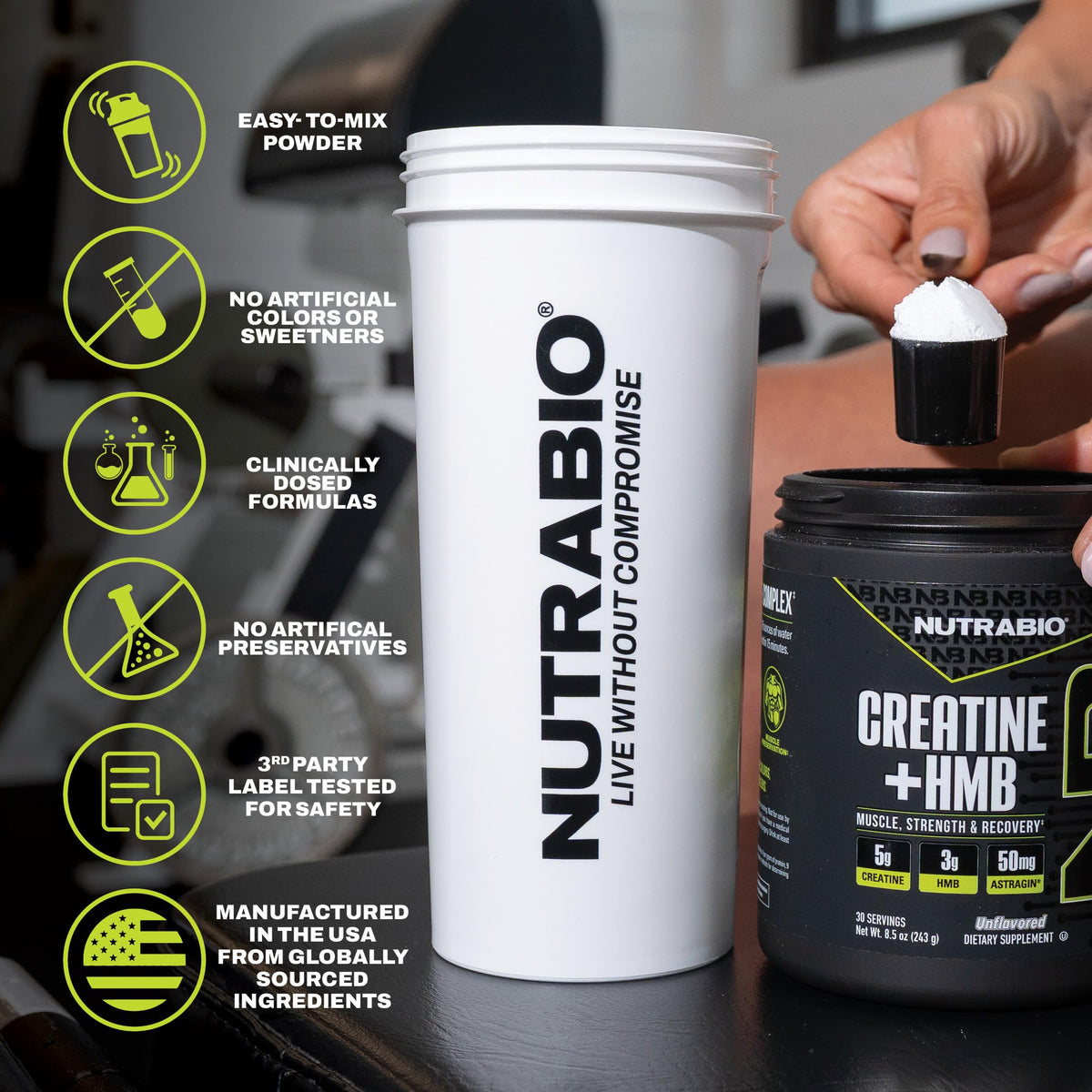 NutraBio Créatine HMB Poudre 310g, utilisation dans un shaker
