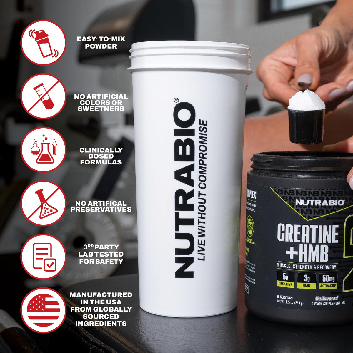 NutraBio Creatine + HMB Poudre 390g en contexte sportif