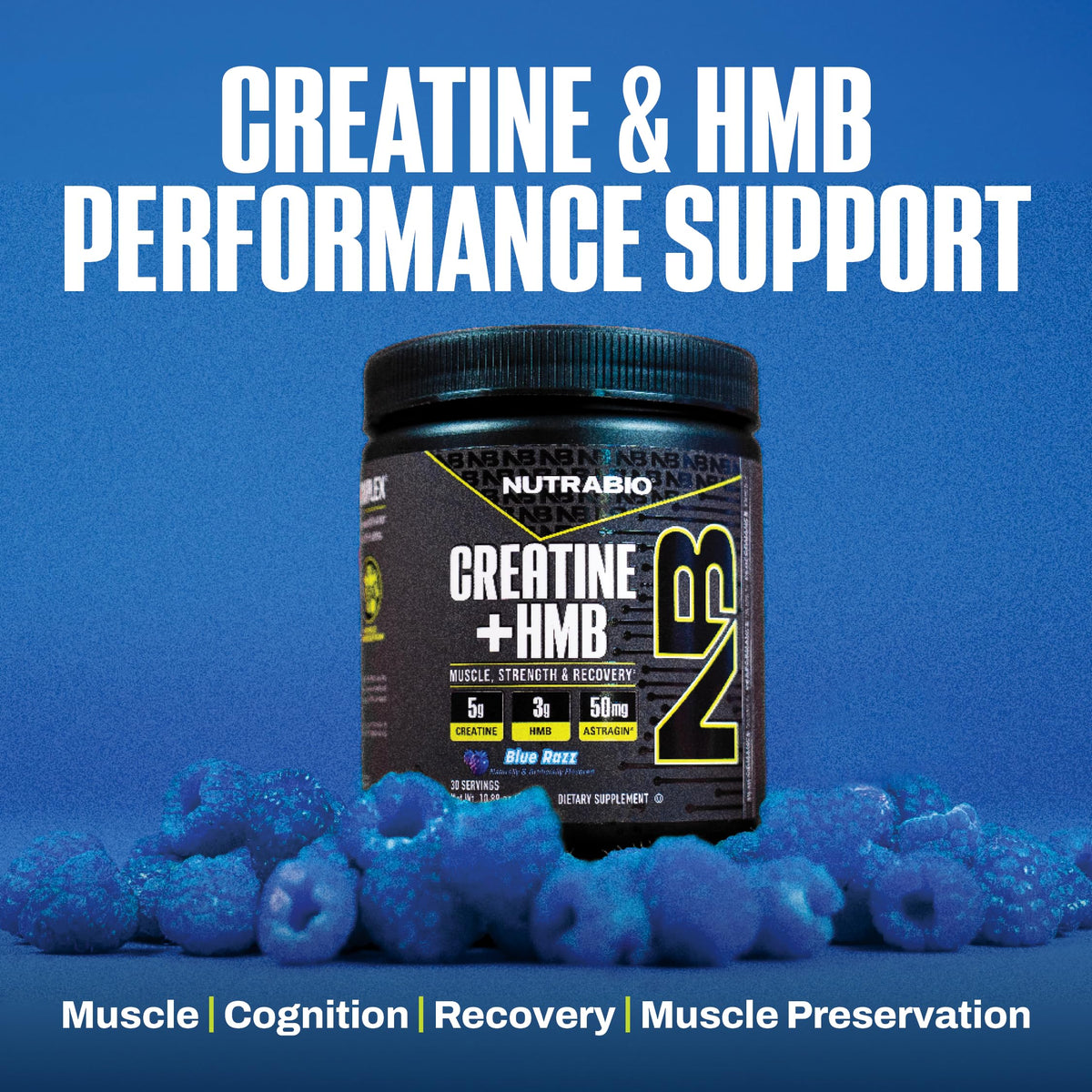 NutraBio Créatine + HMB présentation de plusieurs angles