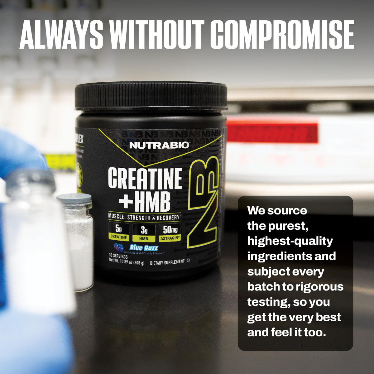 NutraBio Créatine + HMB sur une table de gym
