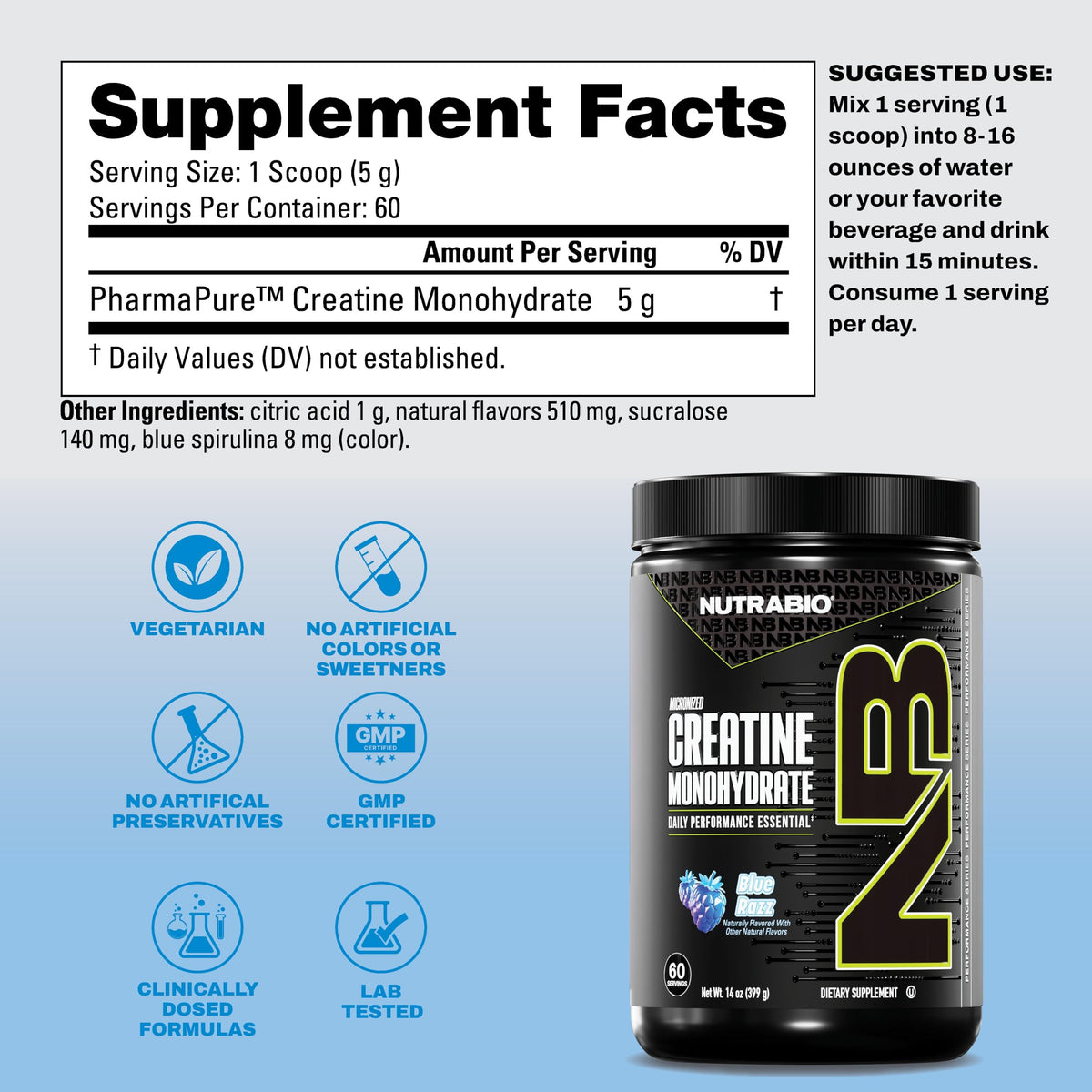NutraBio Créatine Monohydrate 300 g avec étiquette détaillant les ingrédients