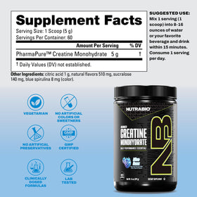 NutraBio Créatine Monohydrate 300 g avec étiquette détaillant les ingrédients