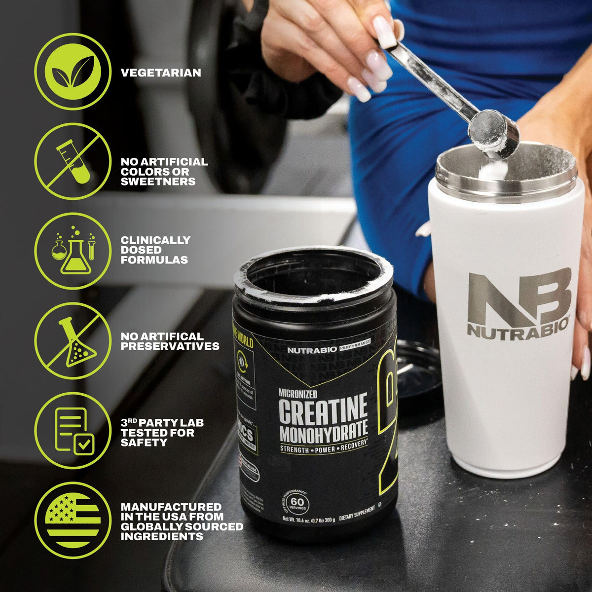 NutraBio Créatine Monohydrate 300 g produit avec ingrédients