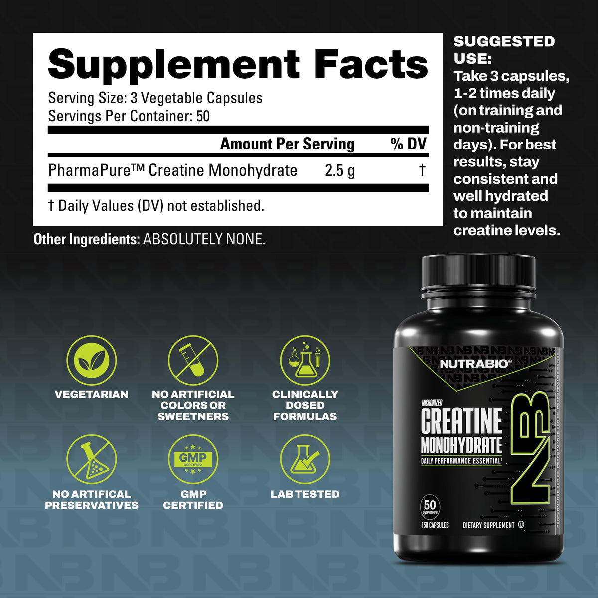 NutraBio Créatine Monohydrate Capsules 2500mg côté avec étiquette