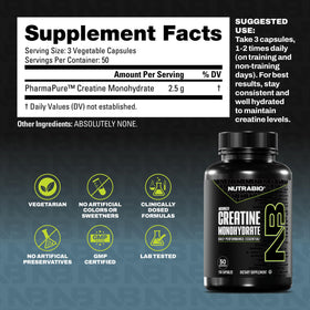 NutraBio Créatine Monohydrate Capsules 2500mg côté avec étiquette