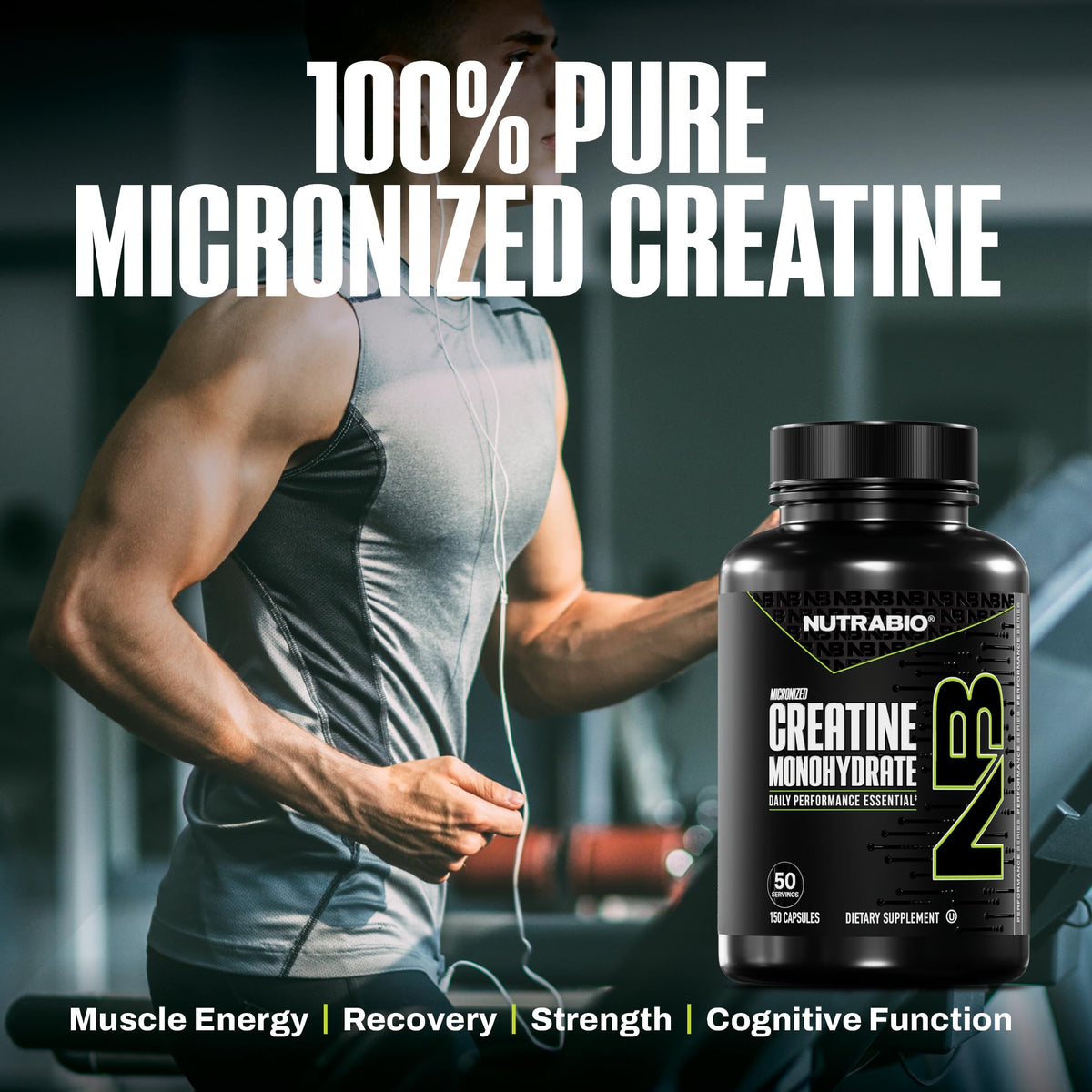 NutraBio Créatine Monohydrate Capsules avec un fond sportif
