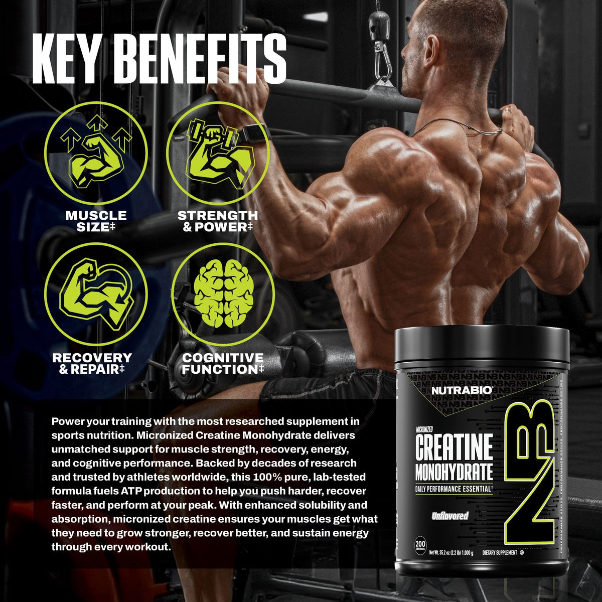 NutraBio Créatine Monohydrate Micronisée 1000 g avec une cuillère