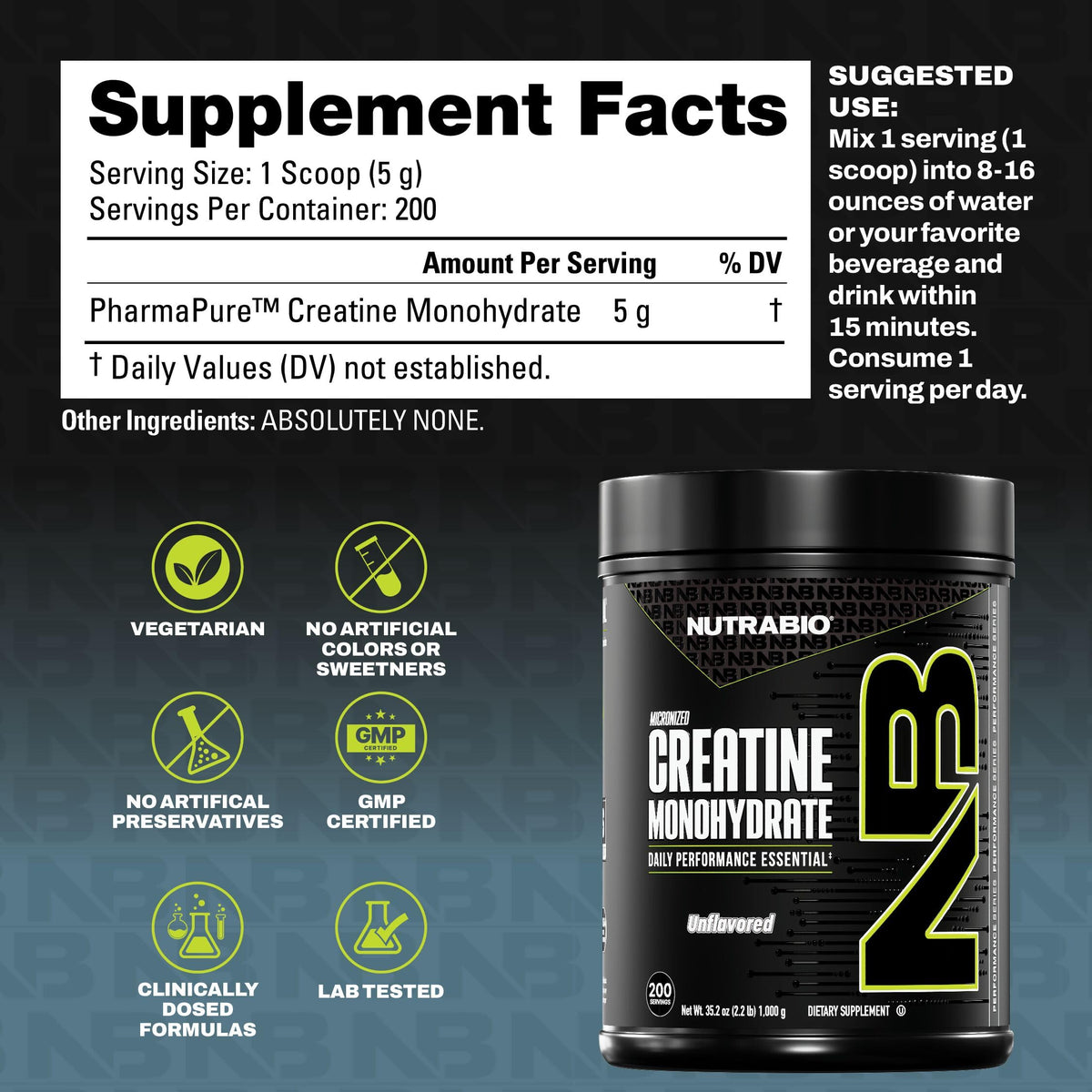 NutraBio Créatine Monohydrate Micronisée 1000 g étiquette