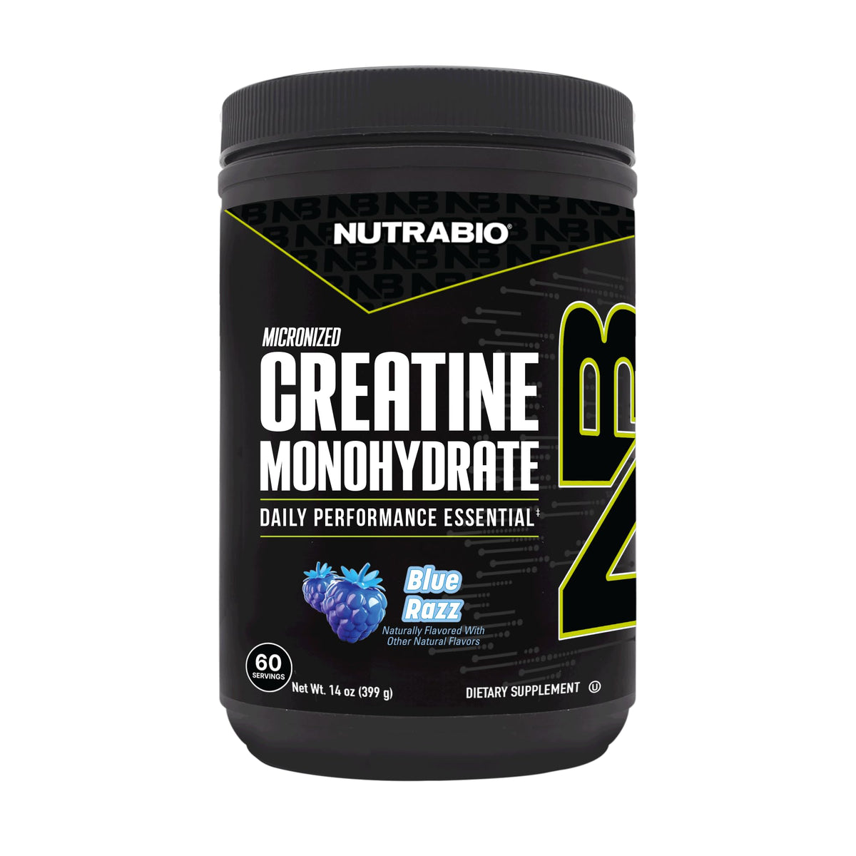 NutraBio Créatine Monohydrate Micronisée 300 g saveur Blue Razz vue de face
