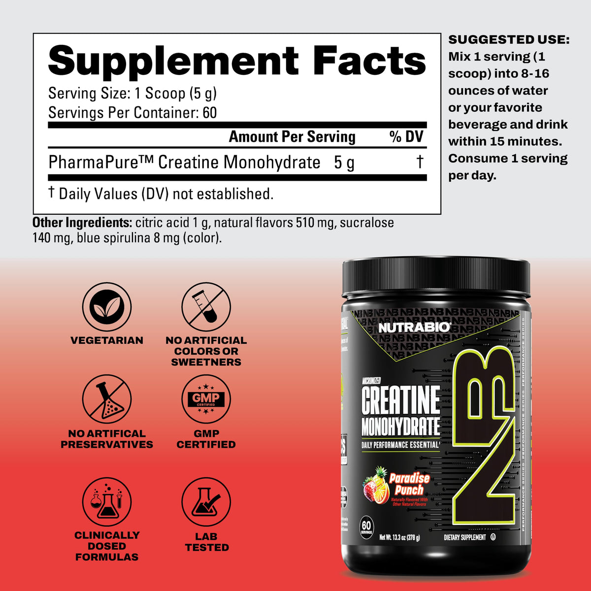 NutraBio Créatine Monohydrate Micronisée 300g avec cuillère doseuse