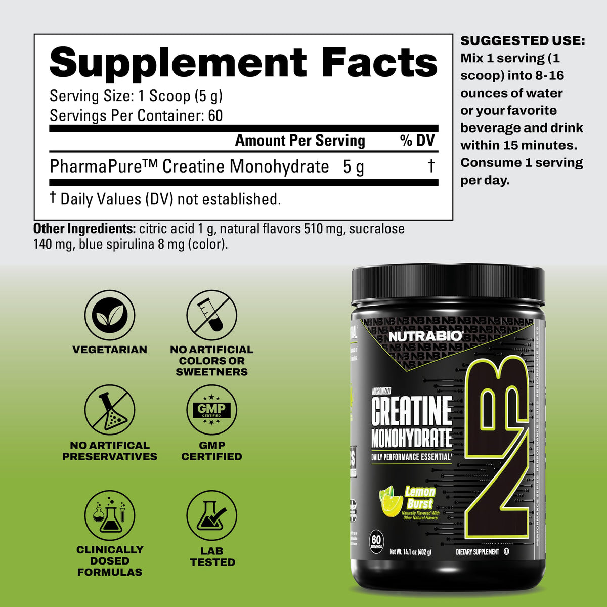 NutraBio Créatine Monohydrate Pure 300 g - Citron Burst vue arrière