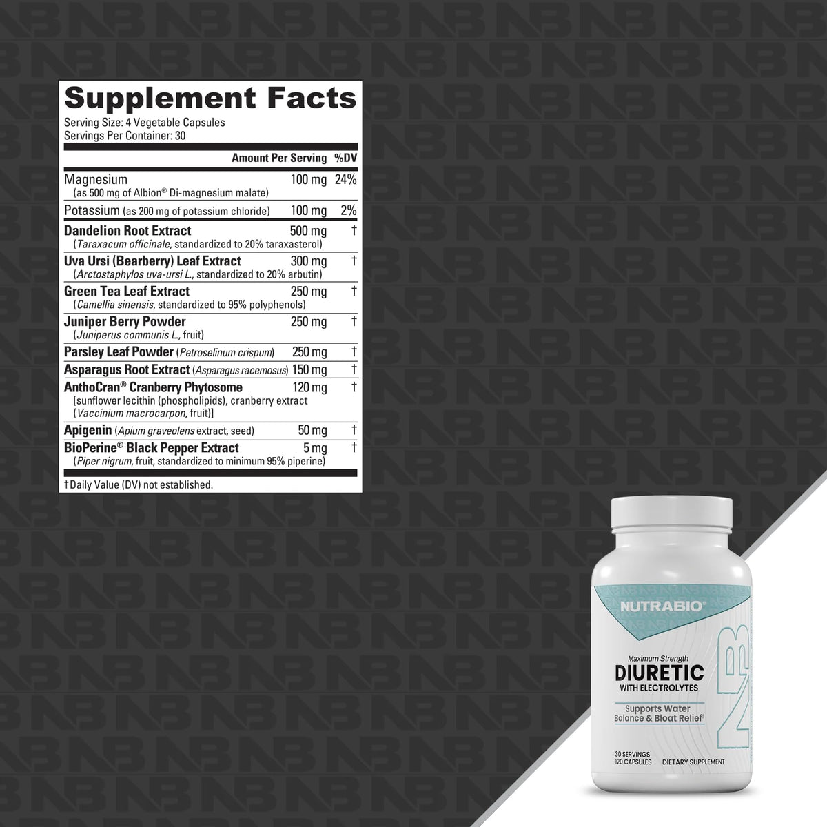 NutraBio Diurétique capsules sur une surface blanche