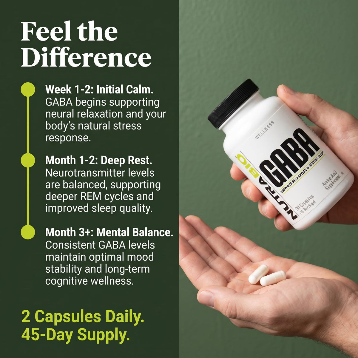 NutraBio GABA 500mg capsules à côté d'un verre d'eau