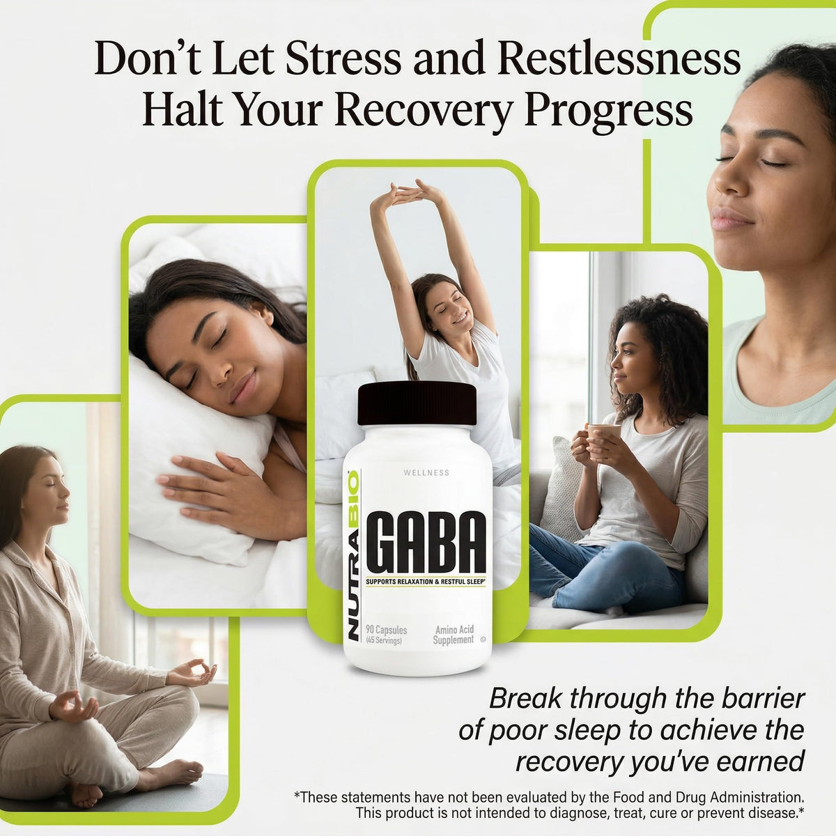 NutraBio GABA 500mg capsules sur un fond neutre