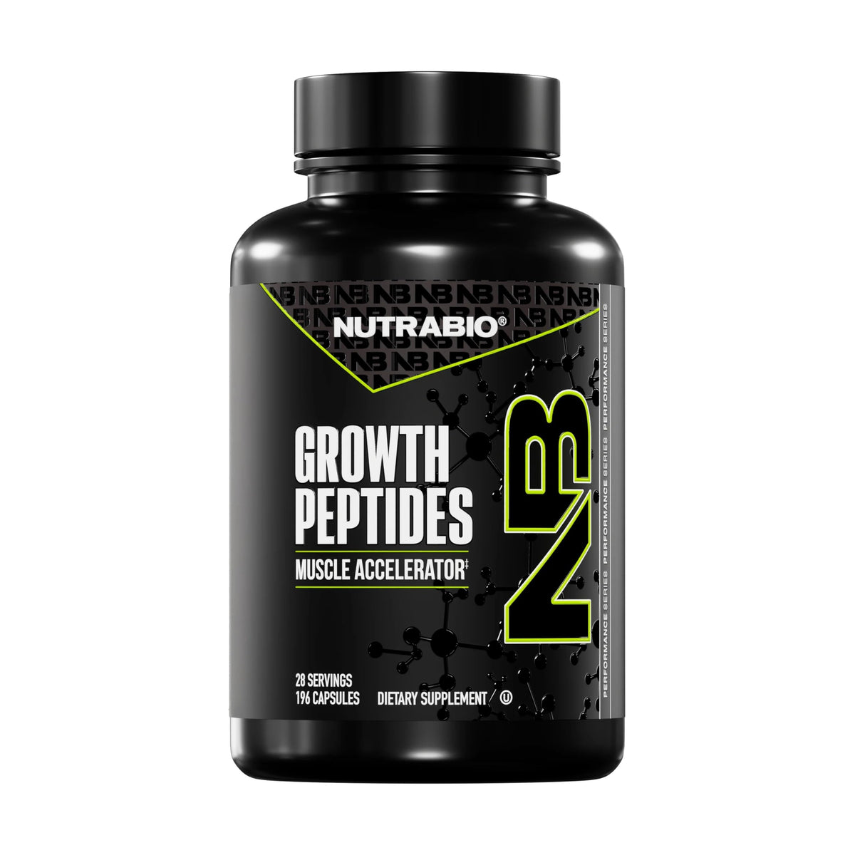 NutraBio Growth Peptides 196 capsules vue de face