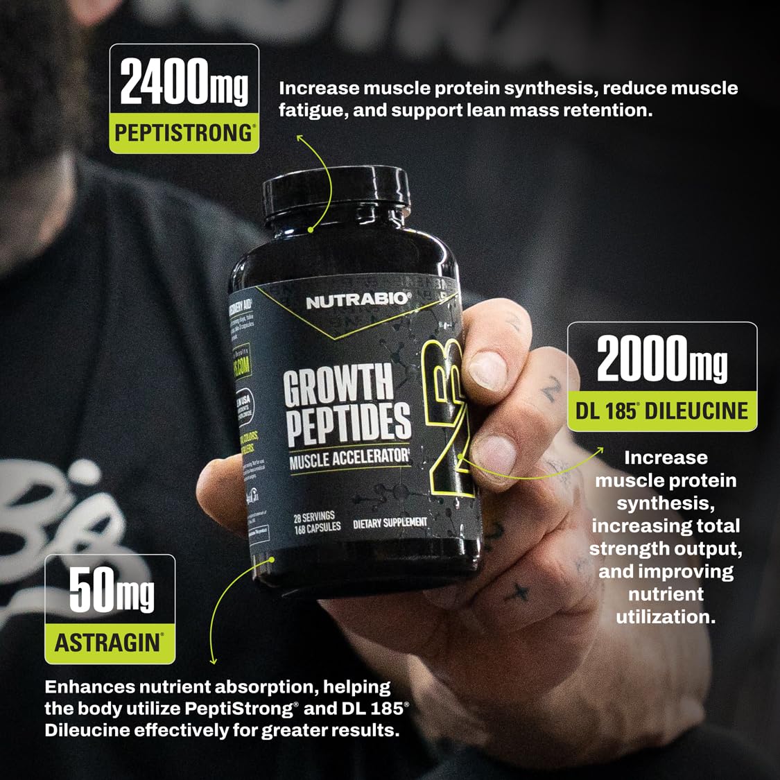 NutraBio Growth Peptides en usage avec un verre d'eau