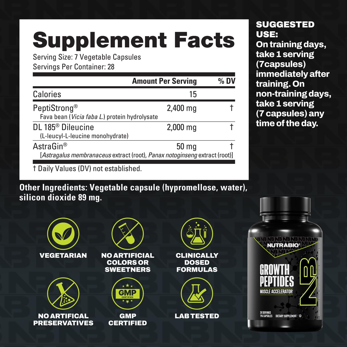 NutraBio Growth Peptides vue de dos avec informations de dosage