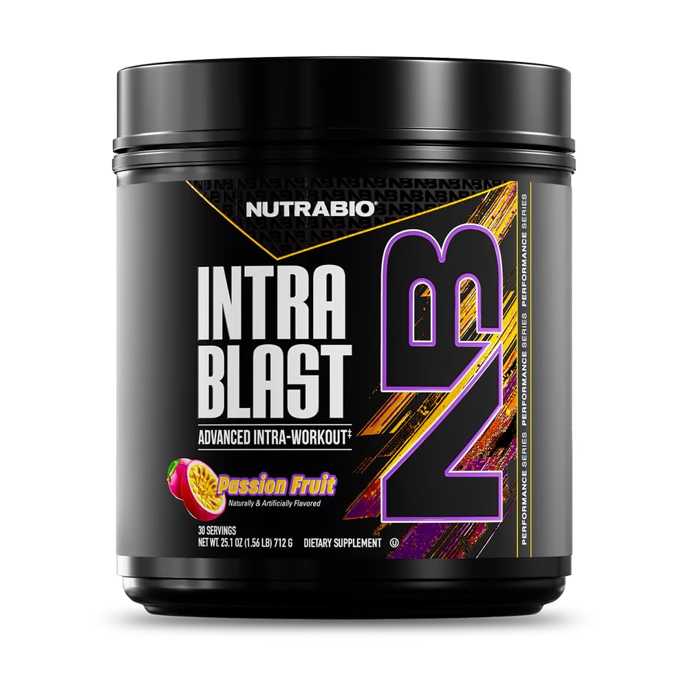 NutraBio Intra Blast BCAA Poudre 20g au goût de fruit de la passion, vue de face