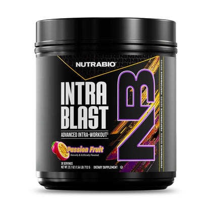 NutraBio Intra Blast BCAA Poudre 20g au goût de fruit de la passion, vue de face