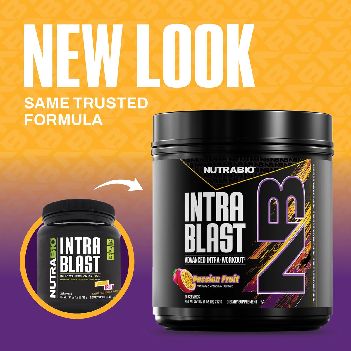 NutraBio Intra Blast BCAA Poudre 20g, vue de côté avec étiquette