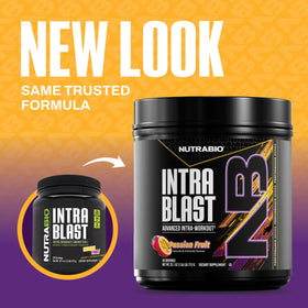 NutraBio Intra Blast BCAA Poudre 20g, vue de côté avec étiquette