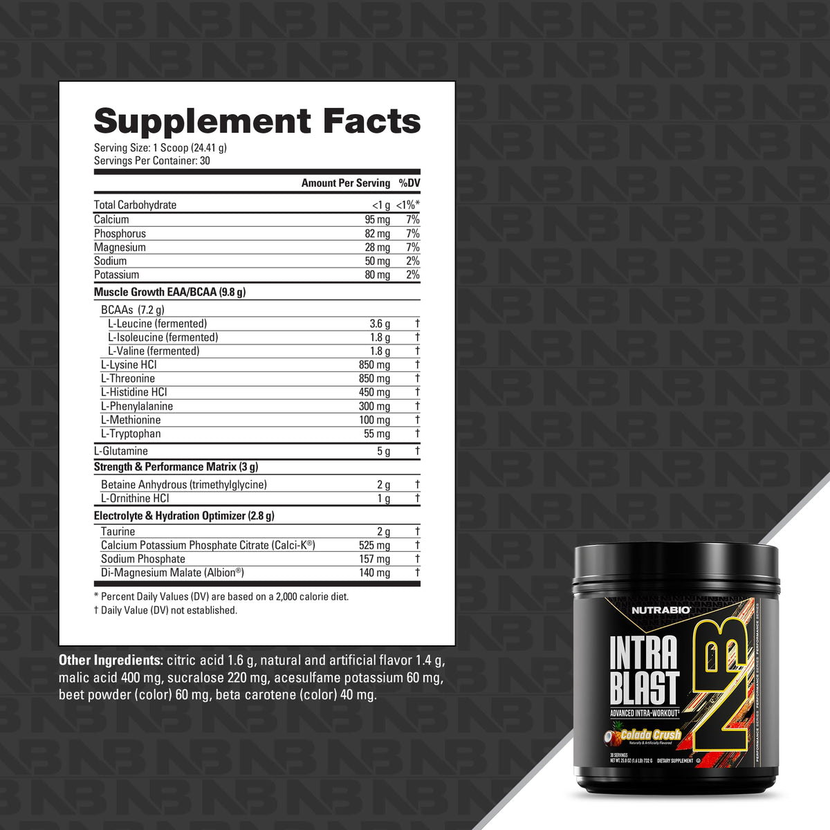 NutraBio Intra Blast BCAA poudre avec fruits frais en arrière-plan