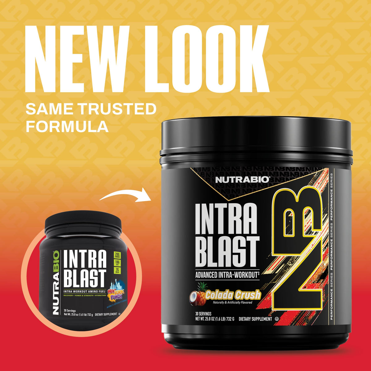 NutraBio Intra Blast BCAA poudre vue arrière avec informations nutritionnelles