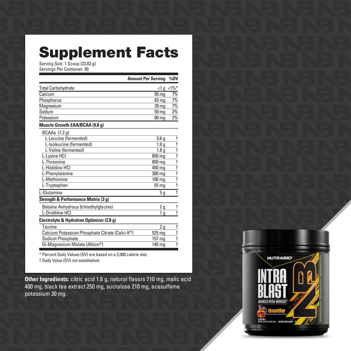 NutraBio Intra Blast Poudre BCAA 20g EAA 5g Glutamine Thé Sucré avec shaker