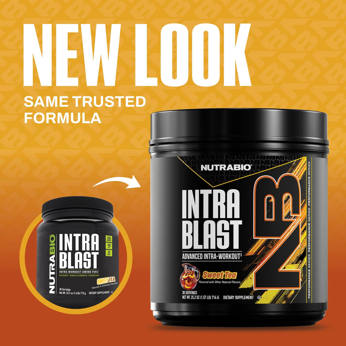 NutraBio Intra Blast Poudre BCAA 20g EAA 5g Glutamine Thé Sucré emballage