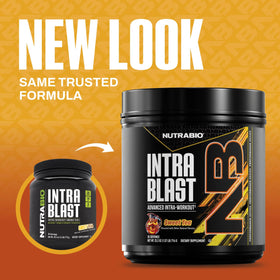NutraBio Intra Blast Poudre BCAA 20g EAA 5g Glutamine Thé Sucré emballage