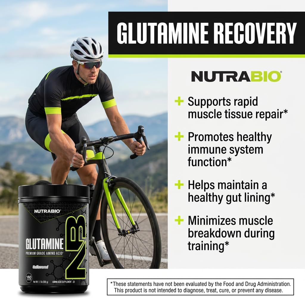 NutraBio L-Glutamine Poudre Pure 500g avec d'autres compléments